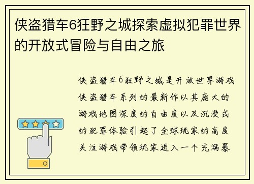 侠盗猎车6狂野之城探索虚拟犯罪世界的开放式冒险与自由之旅